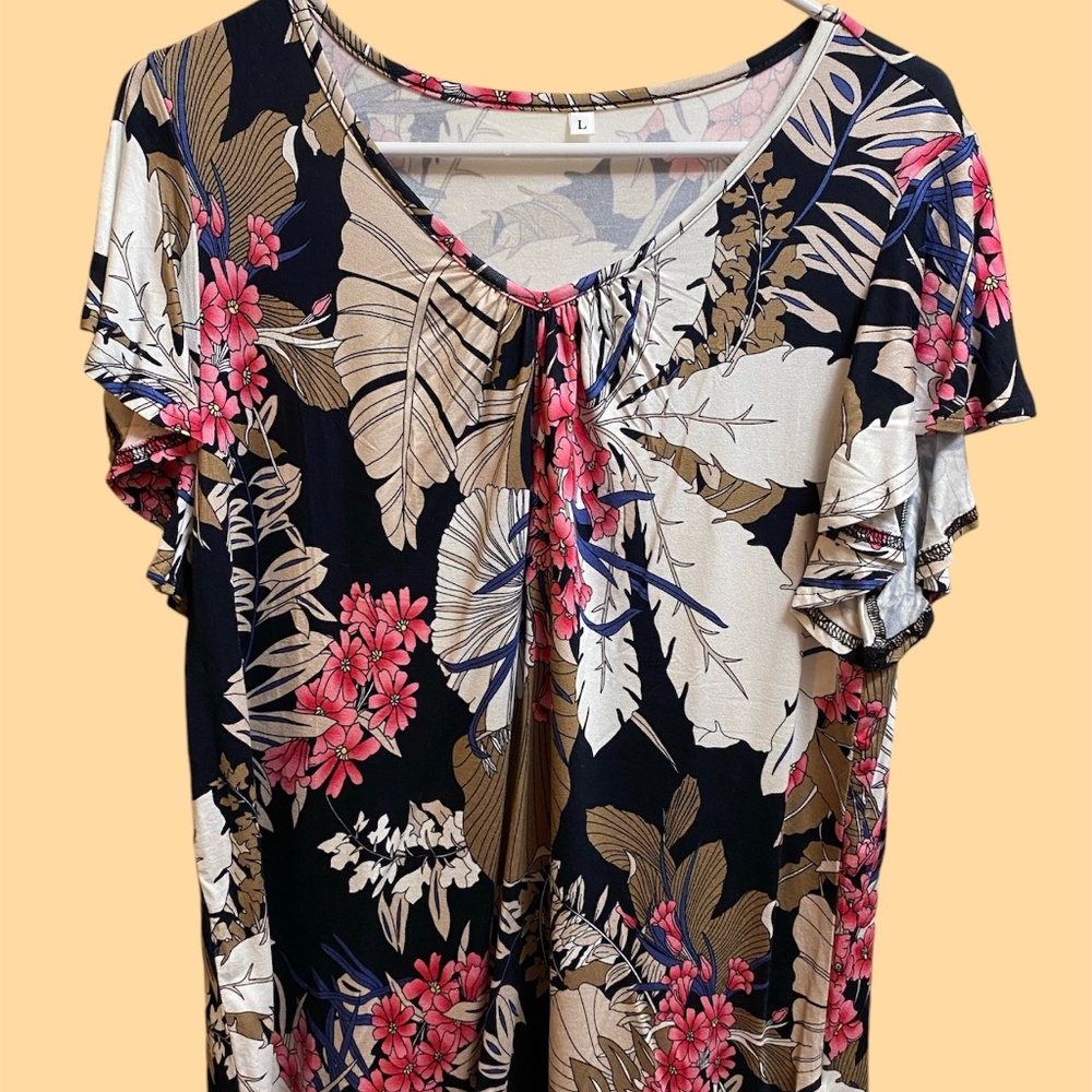 Womens Floral Leaves Short Flutter Sleeve Ruched V-Neck T-shirt Tee Top Blouse